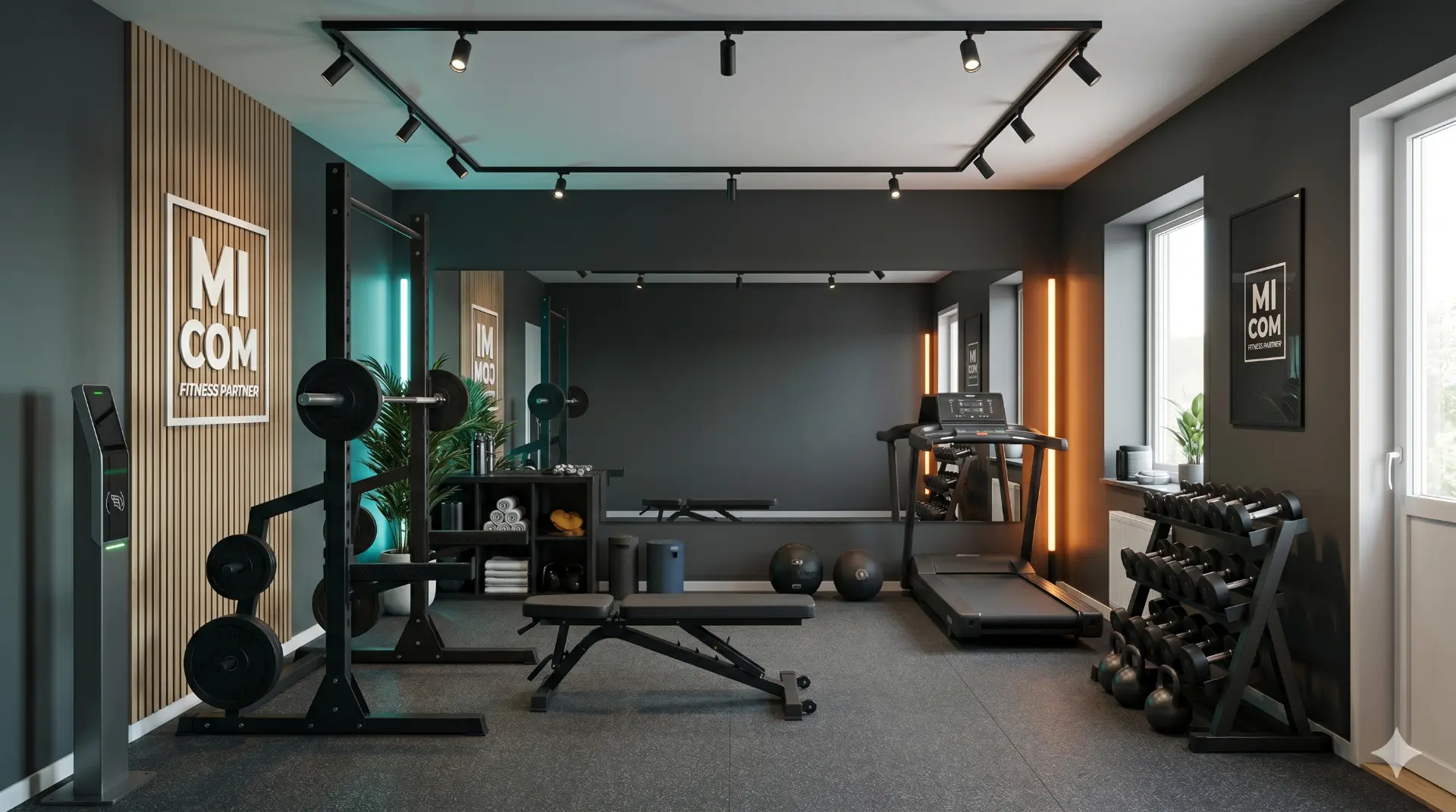 Modernt företagsgym med branding på vägg